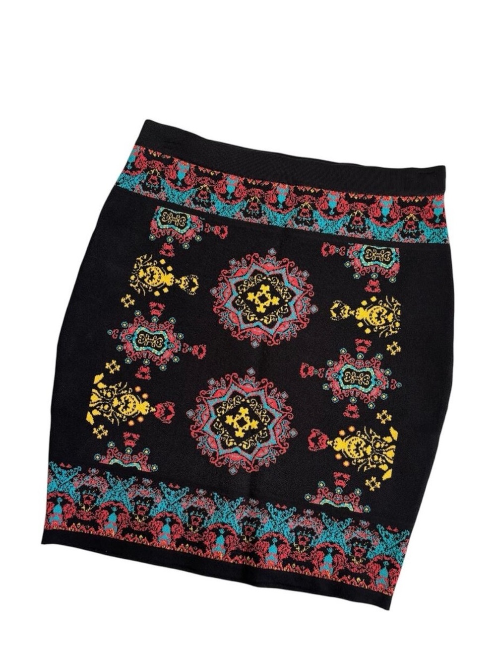 bebe Black Pencil Skirt with Multicolor Embroidered Medallions